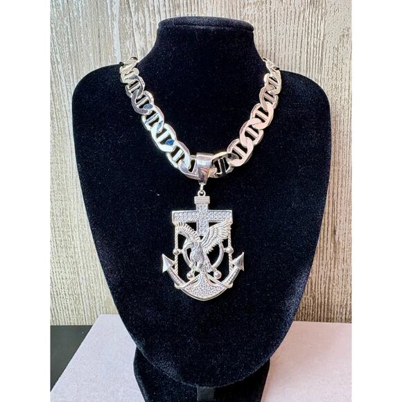 None and/or Unknown Other - Moissanite Anchor Pendant, 24" 12mm GG Link Silver Chain